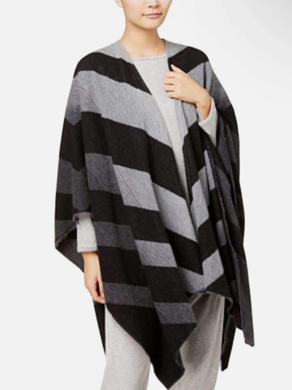 Eileen Fisher Wrap Shawl Wool Blend 1XL / OS Warm Cozy Black Gray Stripe